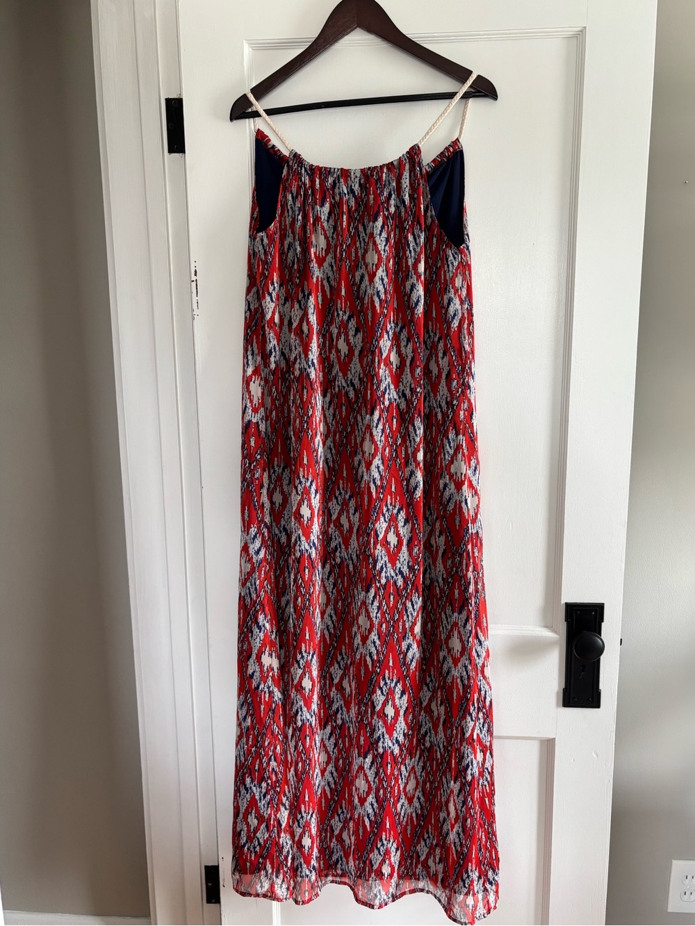 Hive & Honey Navy, Red and White Patterned Maxi Dress with Braided Strap